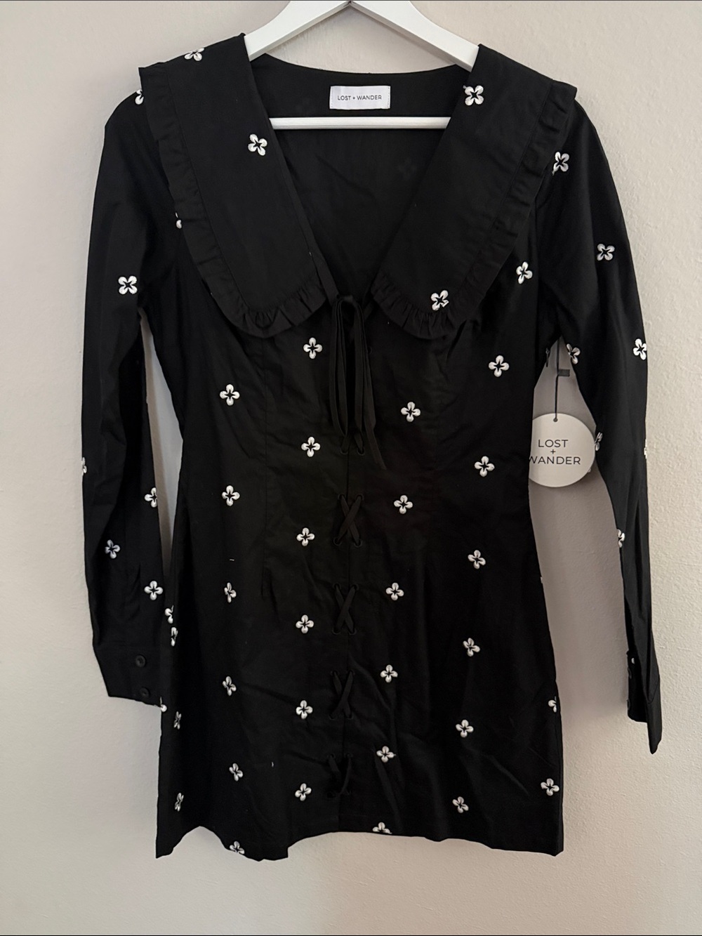 Lost + Wander Nightshade Black Embroidered Long Sleeve Mini Dress
